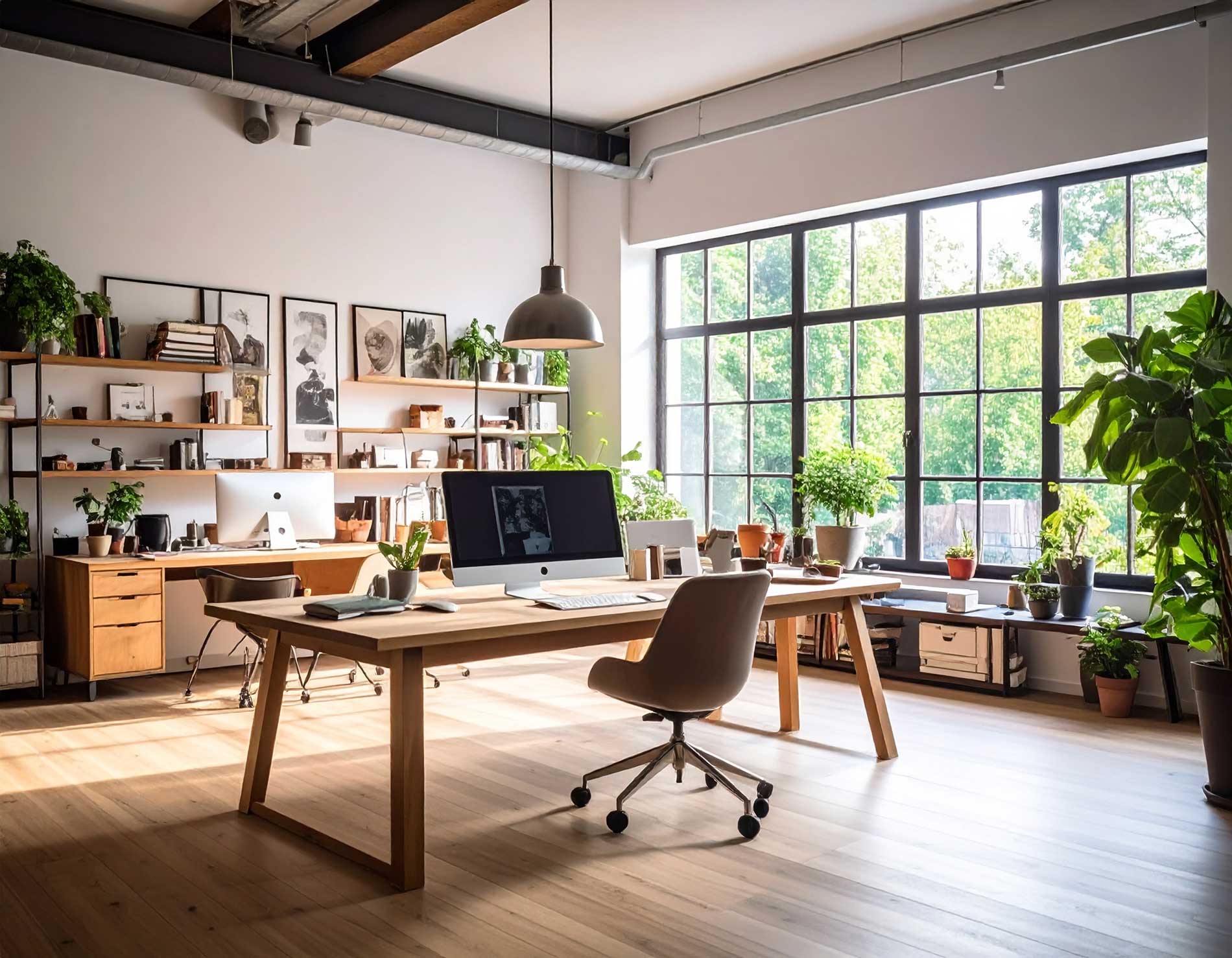 A bright creative studio with a wooden desk, plants and large windows